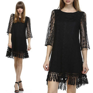Black Boho Hippie Fringe Lace Tunic Dress